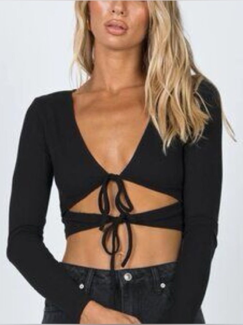 Princess Polly Black Ribbed Wrap Tie Crop Top